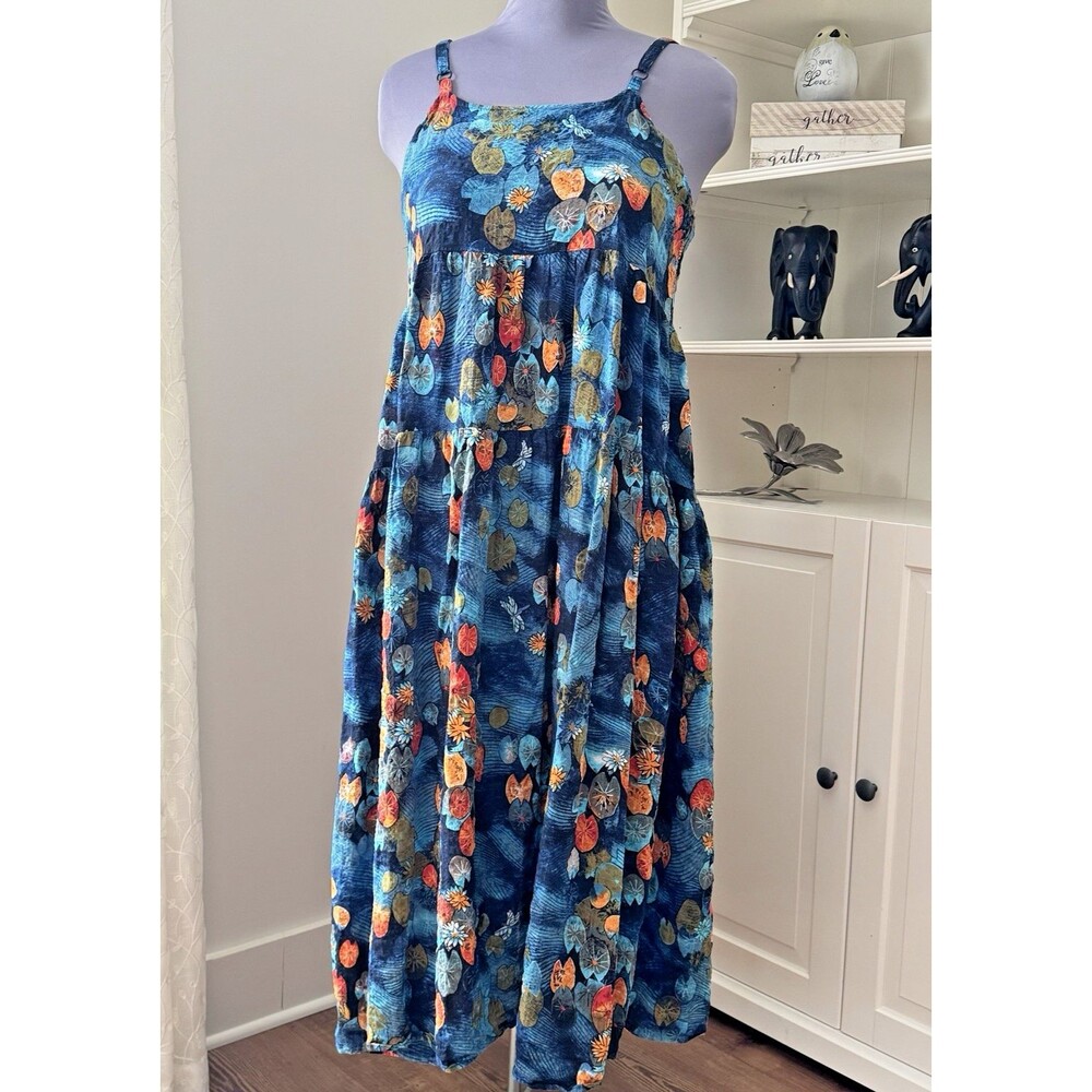 Boho Maxi Dress Blue Lily Pad Oriental Lightweight 2XL - Check Measurements